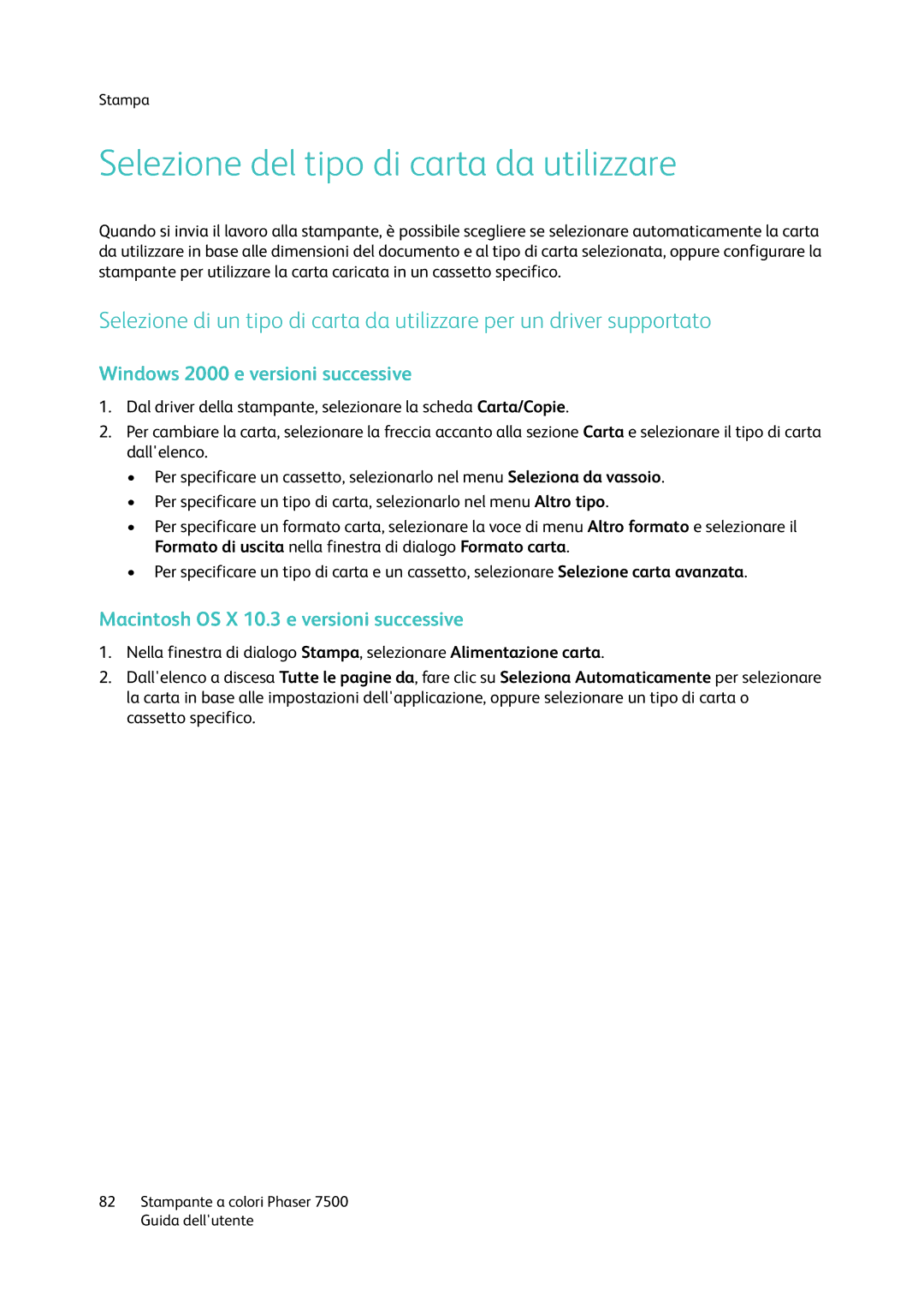 Xerox 7500 manual Selezione del tipo di carta da utilizzare, Windows 2000 e versioni successive 