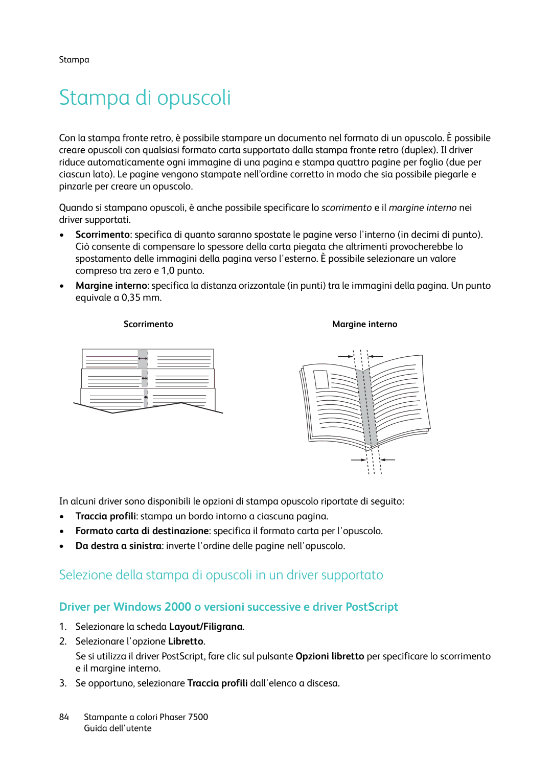 Xerox 7500 manual Stampa di opuscoli, Selezione della stampa di opuscoli in un driver supportato 