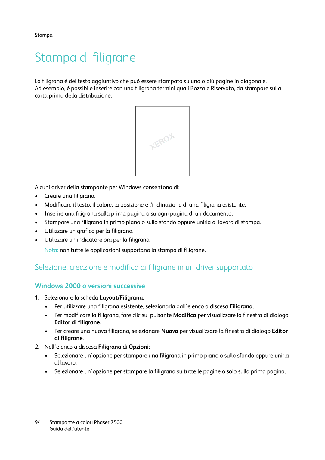 Xerox 7500 manual Stampa di filigrane 