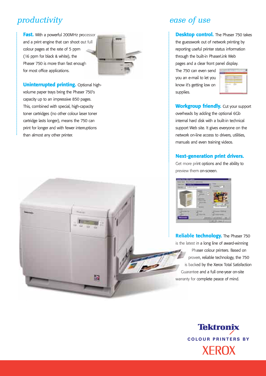 Xerox 750P specifications productivity, ease of use, Next-generationprint drivers 