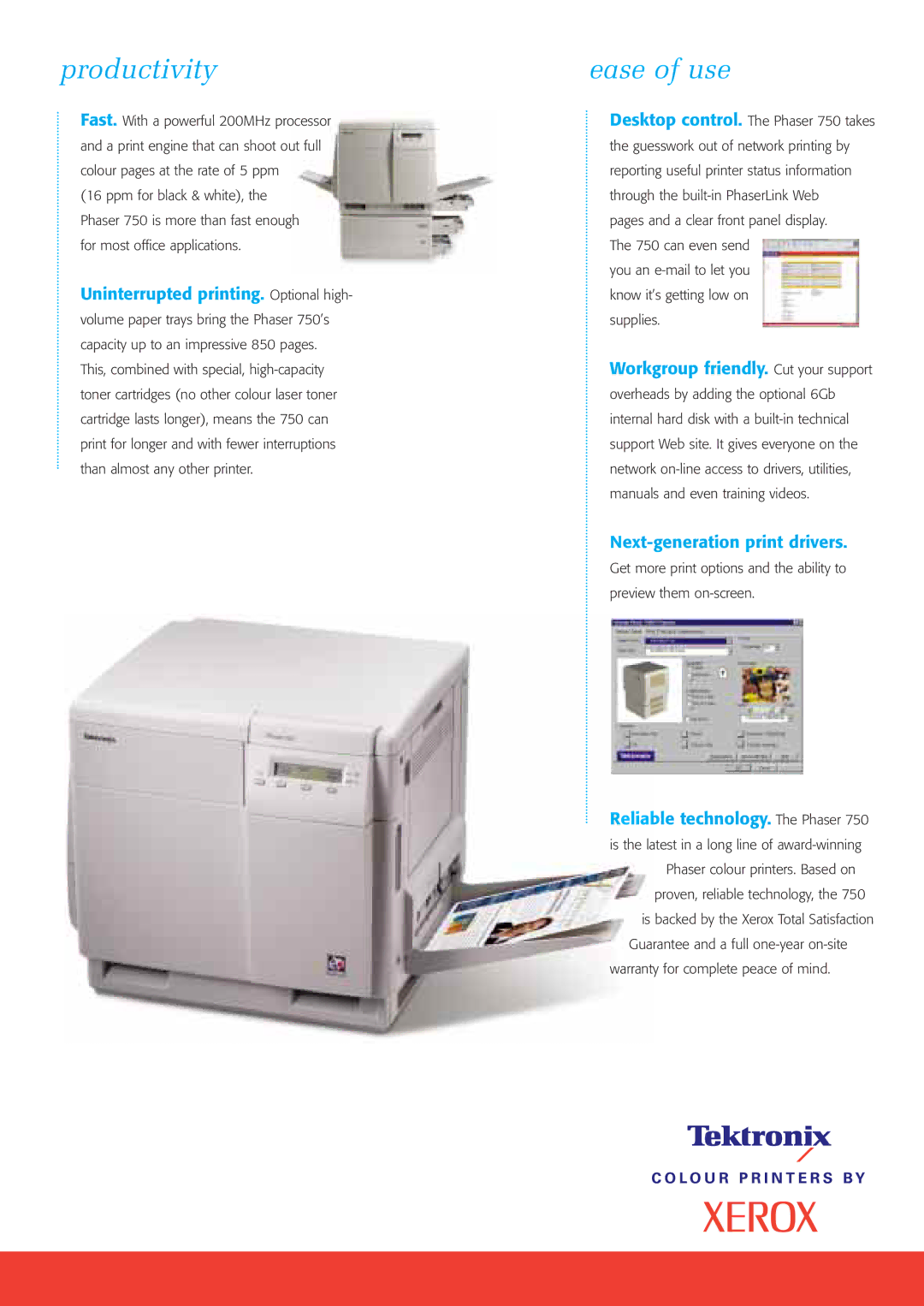 Xerox 750P specifications Productivity, Ease of use, Next-generation print drivers 