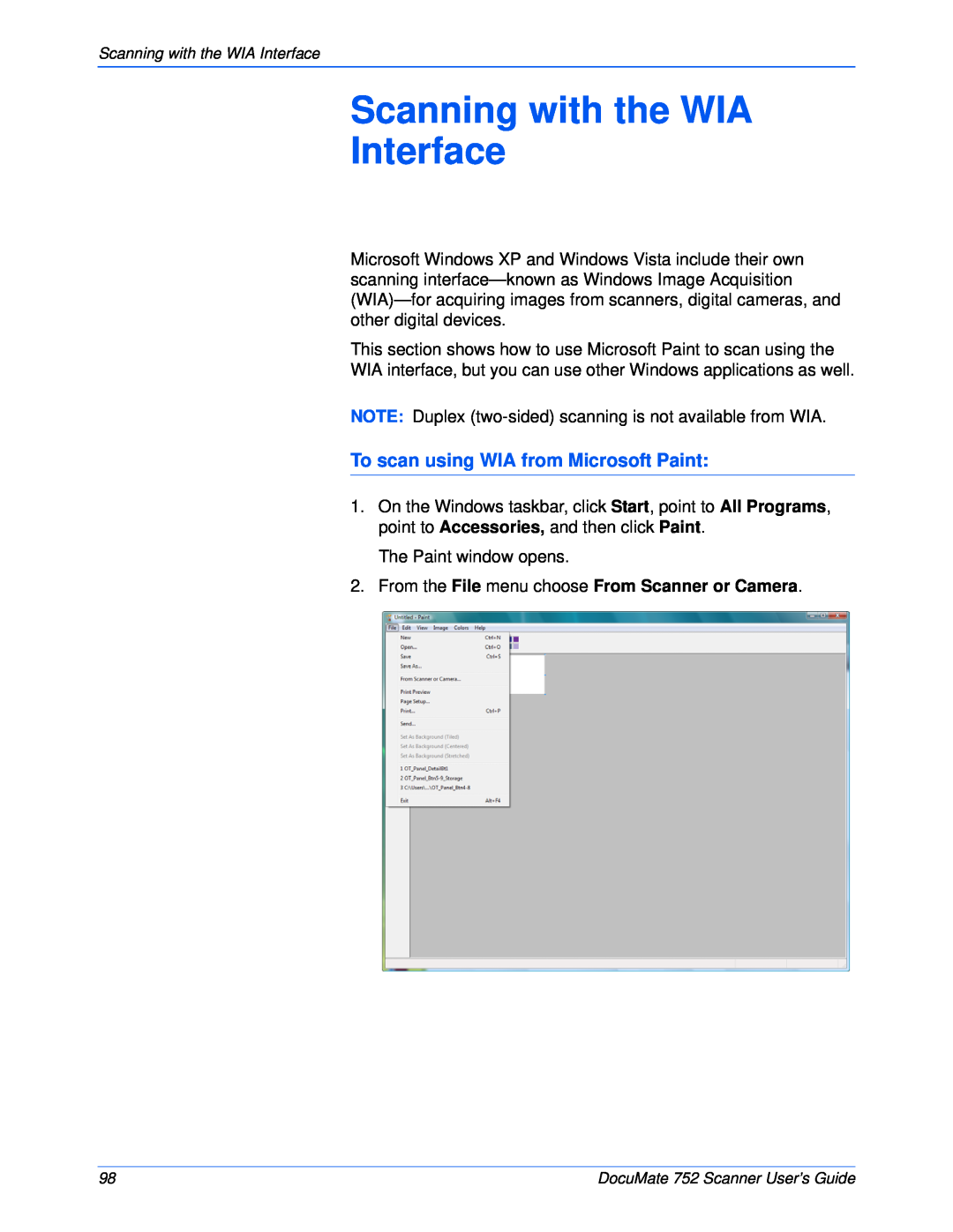 Xerox 752 manual Scanning with the WIA Interface, To scan using WIA from Microsoft Paint 