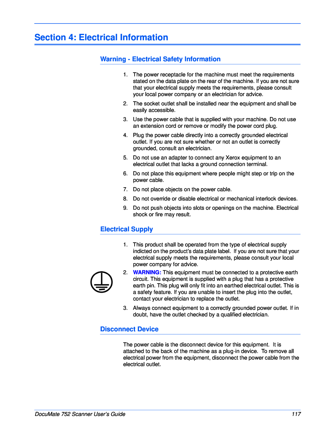 Xerox 752 manual Electrical Information, Warning - Electrical Safety Information, Electrical Supply, Disconnect Device 
