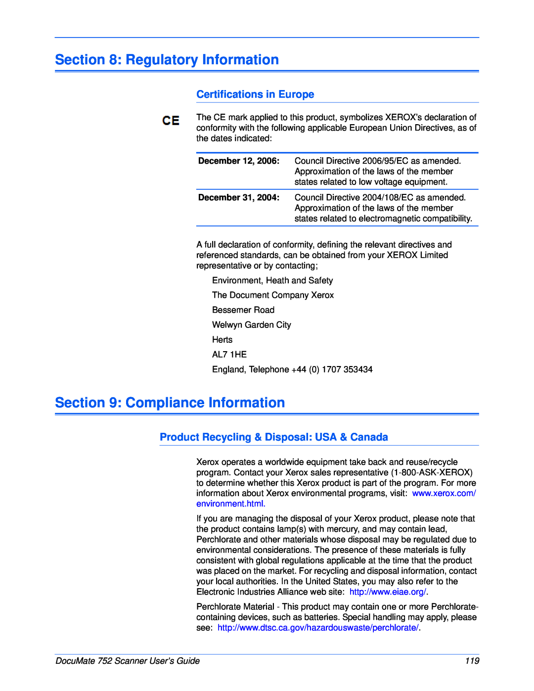 Xerox manual Regulatory Information, Compliance Information, Certifications in Europe, DocuMate 752 Scanner User’s Guide 