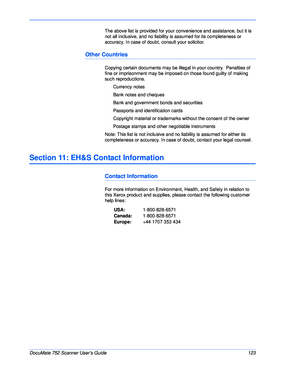 Xerox manual EH&S Contact Information, Other Countries, DocuMate 752 Scanner User’s Guide 