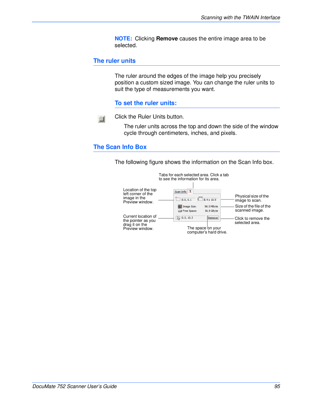 Xerox 752 manual Ruler units, To set the ruler units, Scan Info Box 