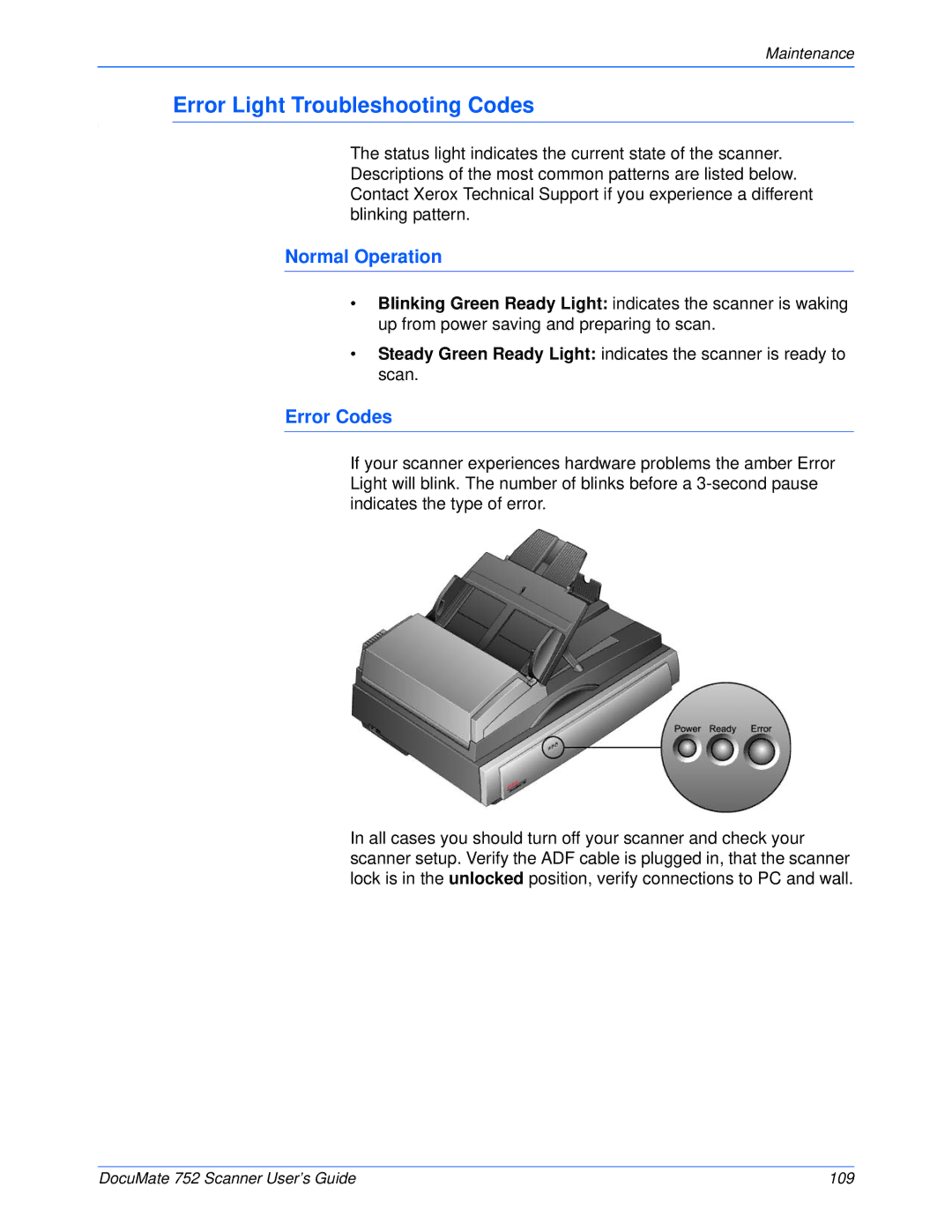 Xerox 752 manual Error Light Troubleshooting Codes, Normal Operation, Error Codes 