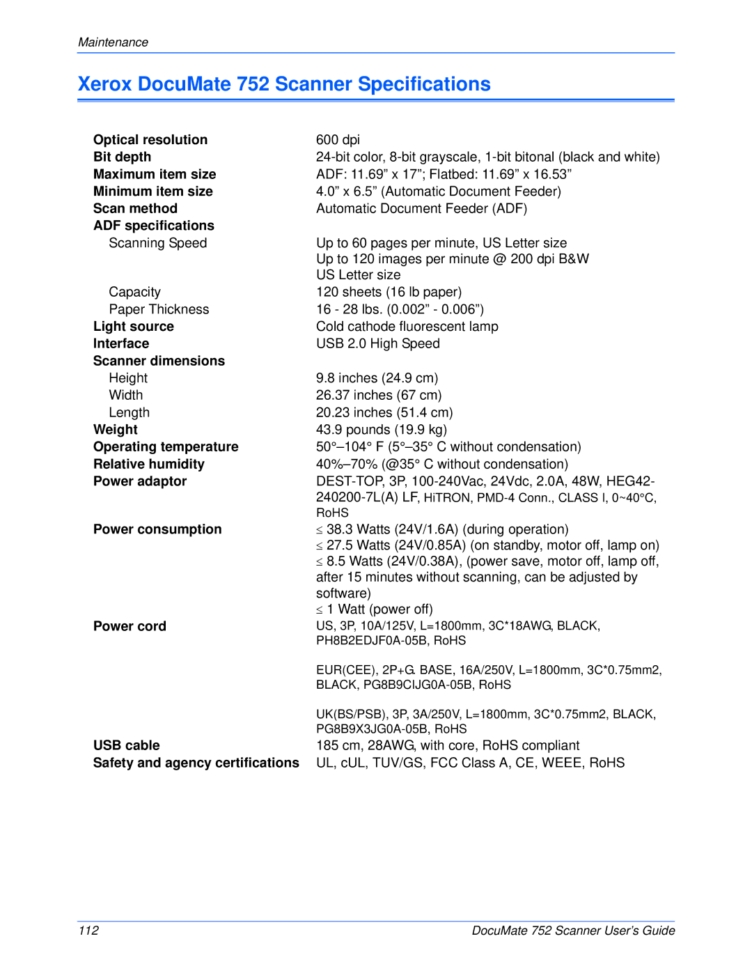 Xerox manual Xerox DocuMate 752 Scanner Specifications, ADF specifications 