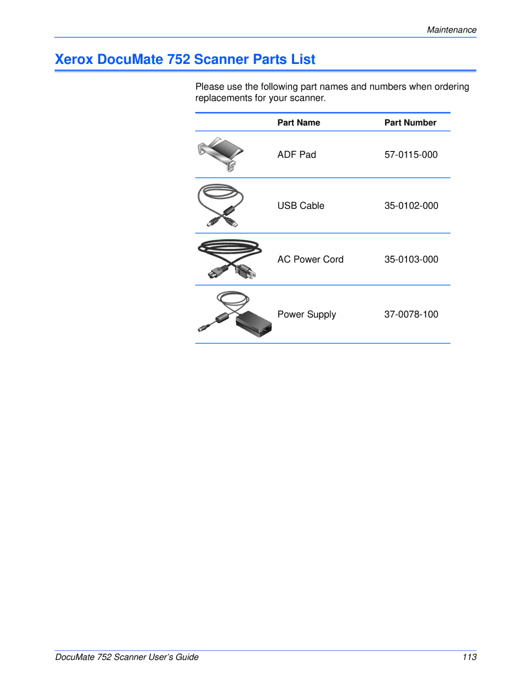 Xerox manual Xerox DocuMate 752 Scanner Parts List 