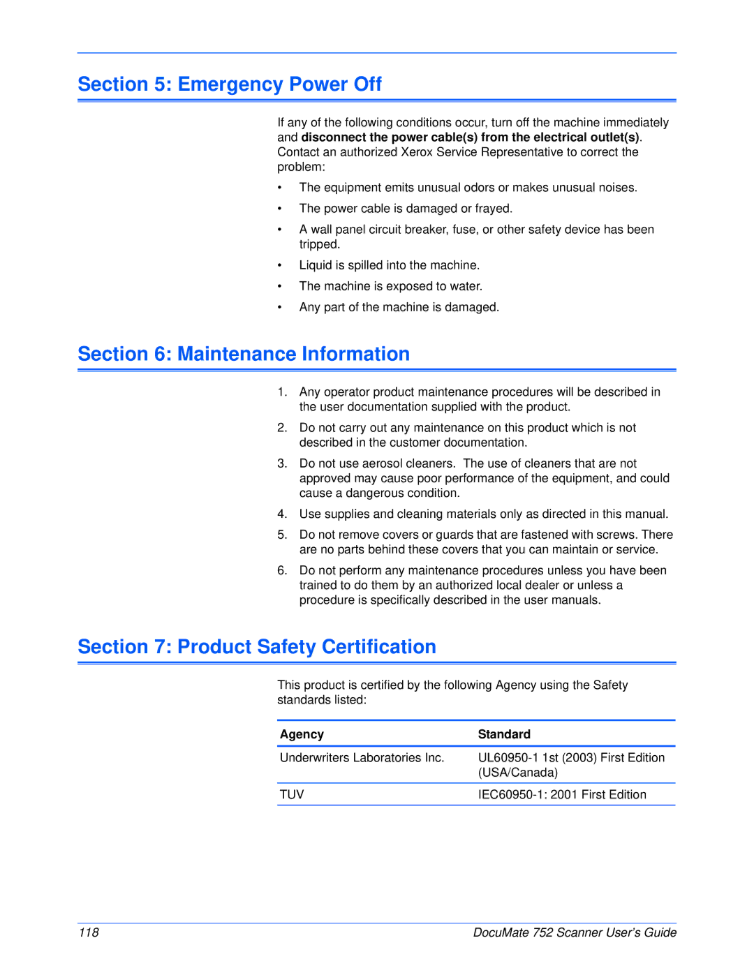 Xerox 752 manual Emergency Power Off, Maintenance Information, Product Safety Certification 