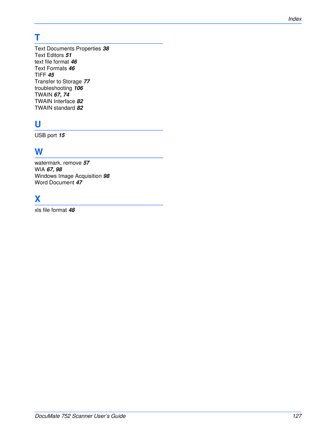 Xerox manual DocuMate 752 Scanner User’s Guide 127 