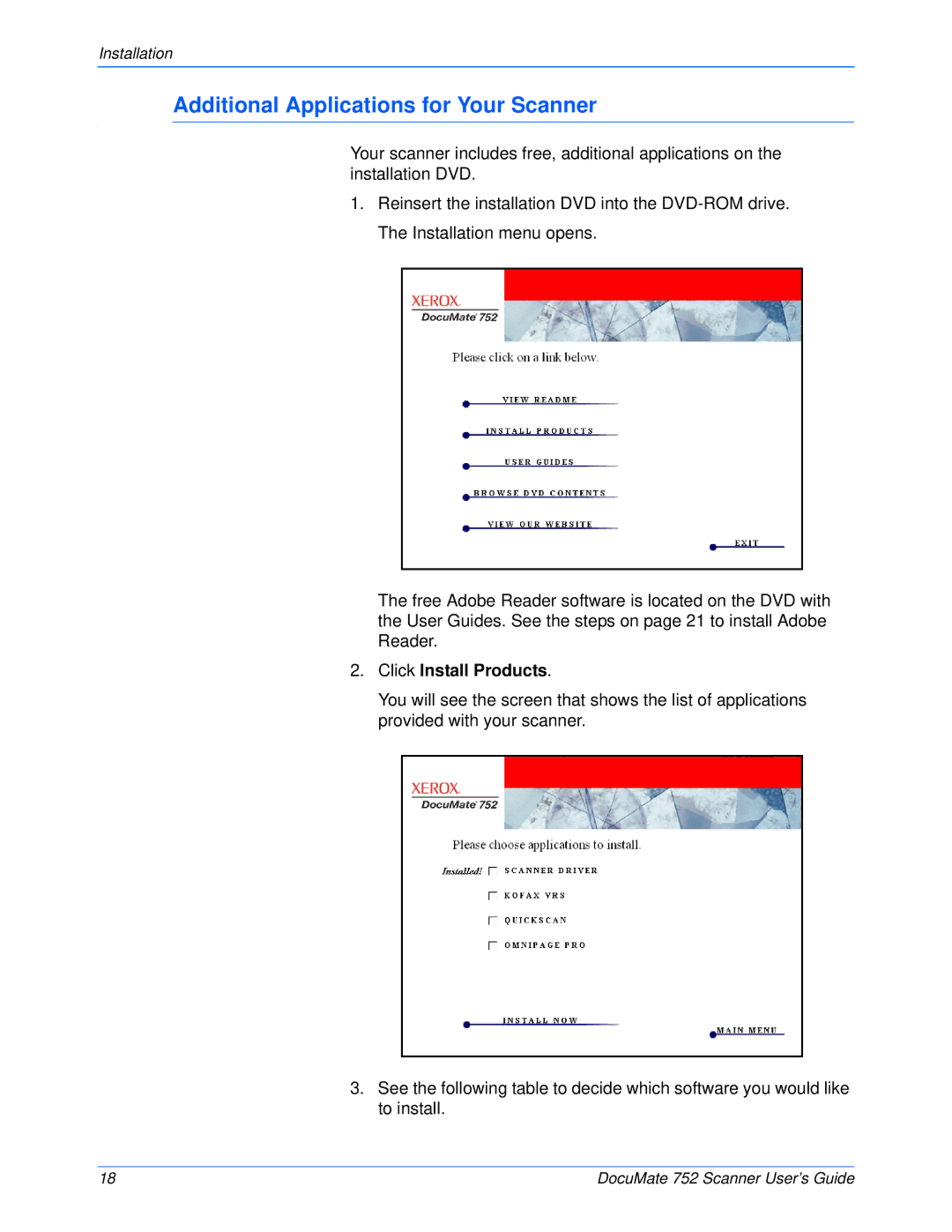 Xerox 752 manual Additional Applications for Your Scanner, Click Install Products 