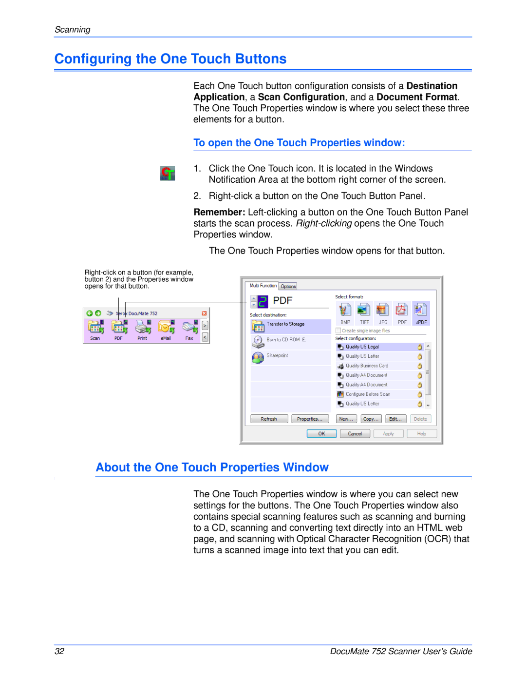 Xerox 752 manual Configuring the One Touch Buttons, About the One Touch Properties Window 