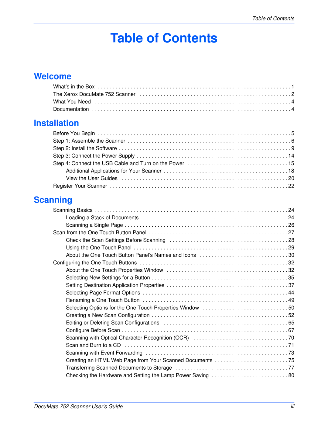 Xerox 752 manual Table of Contents 