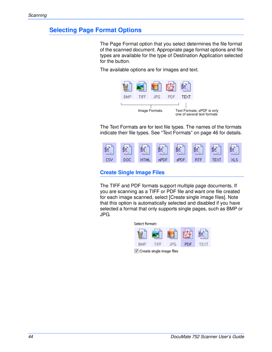 Xerox 752 manual Selecting Page Format Options, Create Single Image Files 