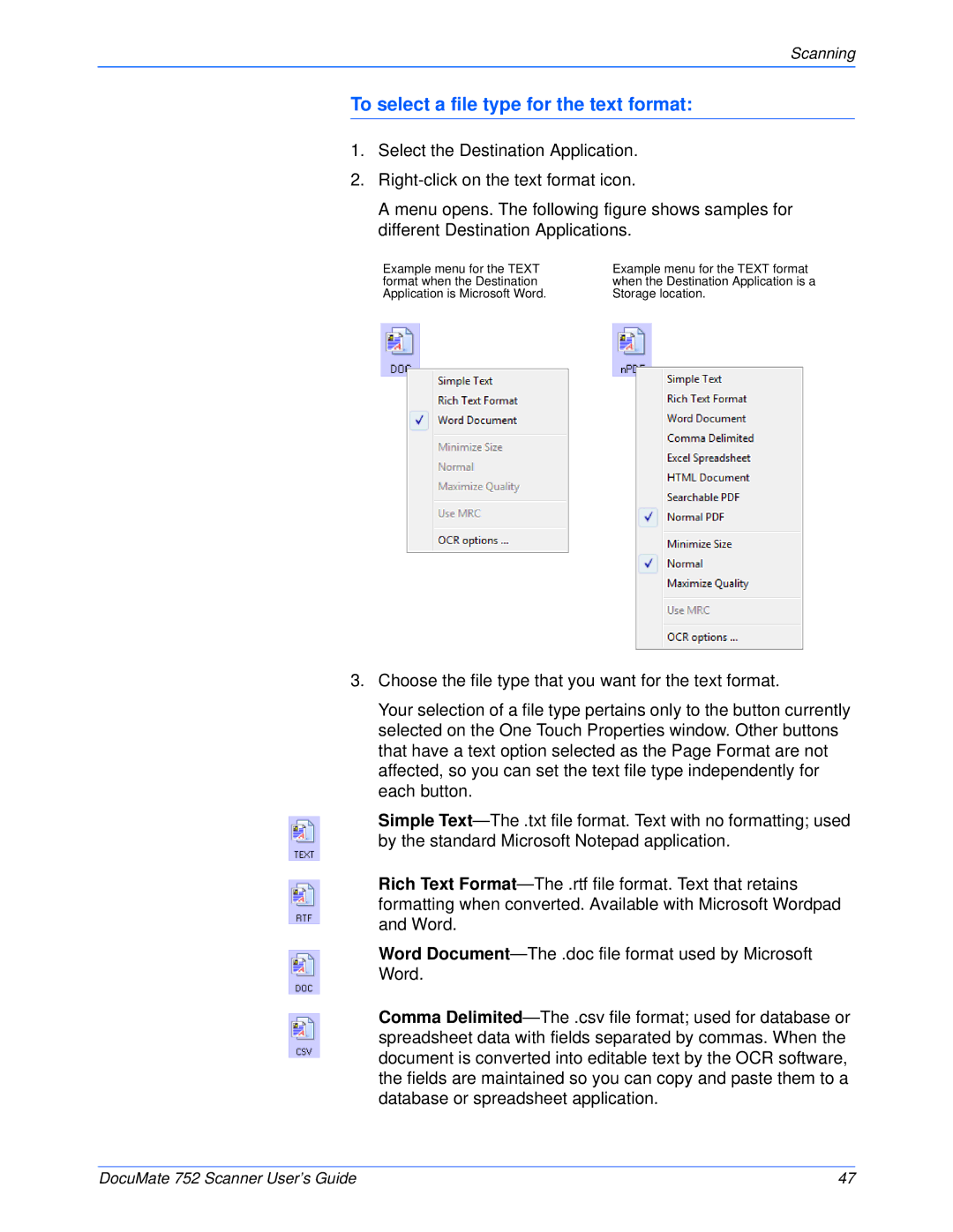 Xerox 752 manual To select a file type for the text format 