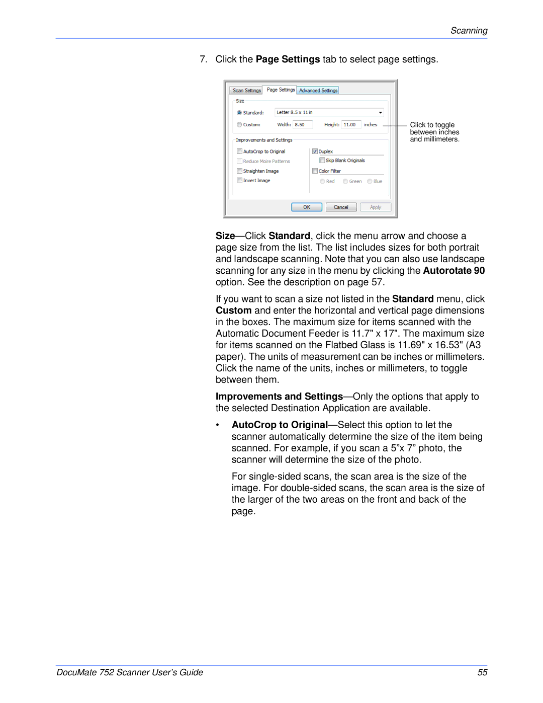 Xerox 752 manual Click the Page Settings tab to select page settings 