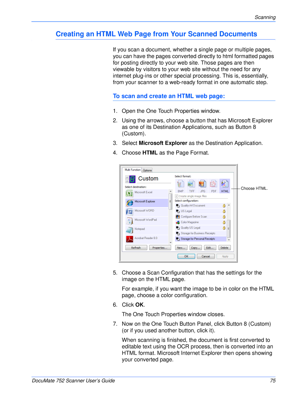 Xerox 752 manual Creating an Html Web Page from Your Scanned Documents, To scan and create an Html web 