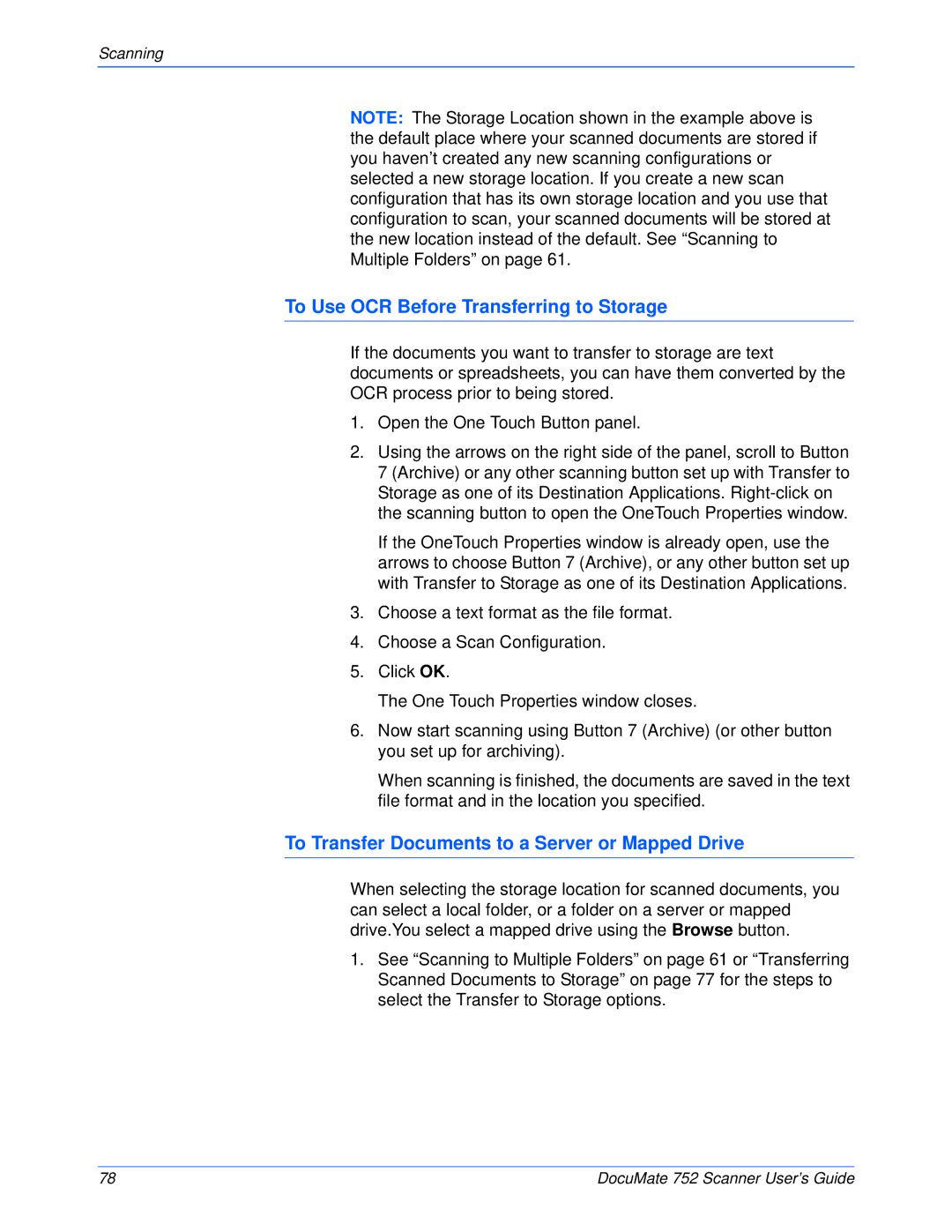 Xerox 752 manual To Use OCR Before Transferring to Storage, To Transfer Documents to a Server or Mapped Drive 