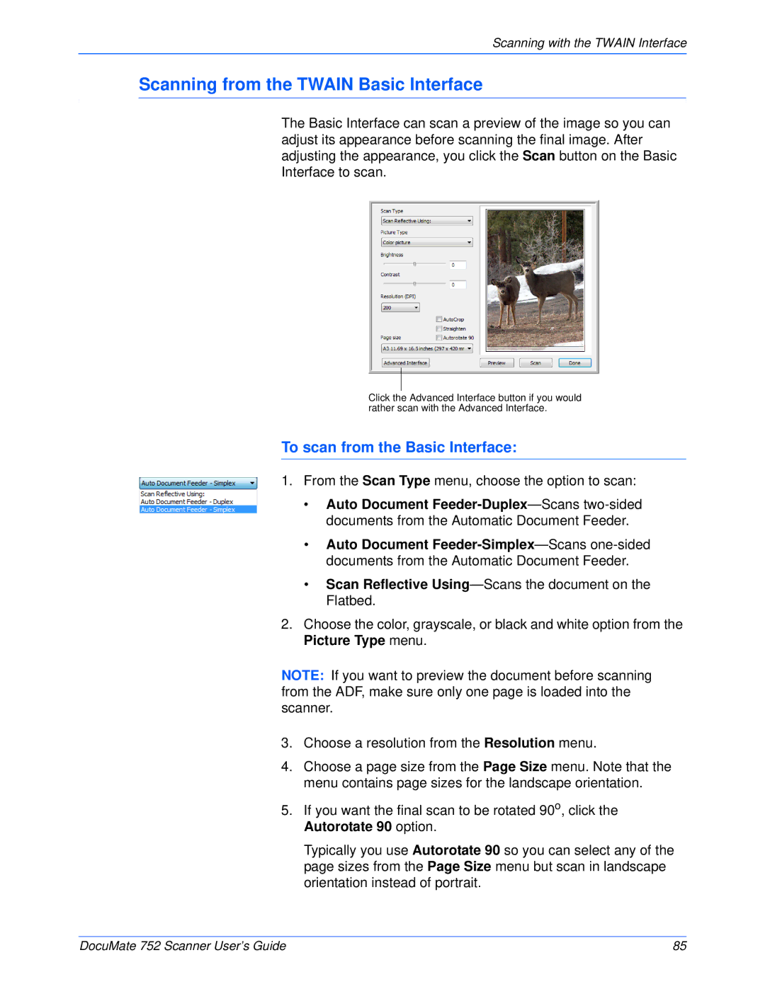 Xerox 752 manual Scanning from the Twain Basic Interface, To scan from the Basic Interface 