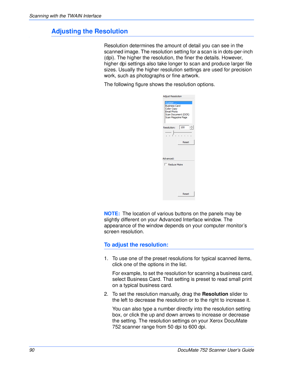 Xerox 752 manual Adjusting the Resolution, To adjust the resolution 