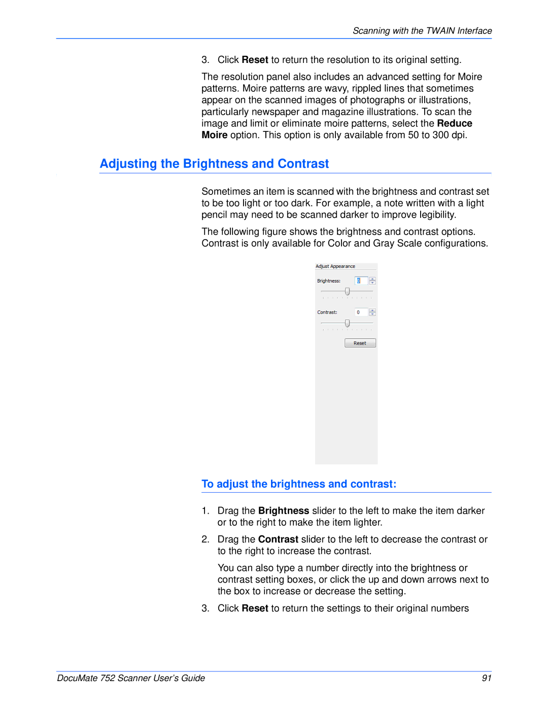 Xerox 752 manual Adjusting the Brightness and Contrast, To adjust the brightness and contrast 