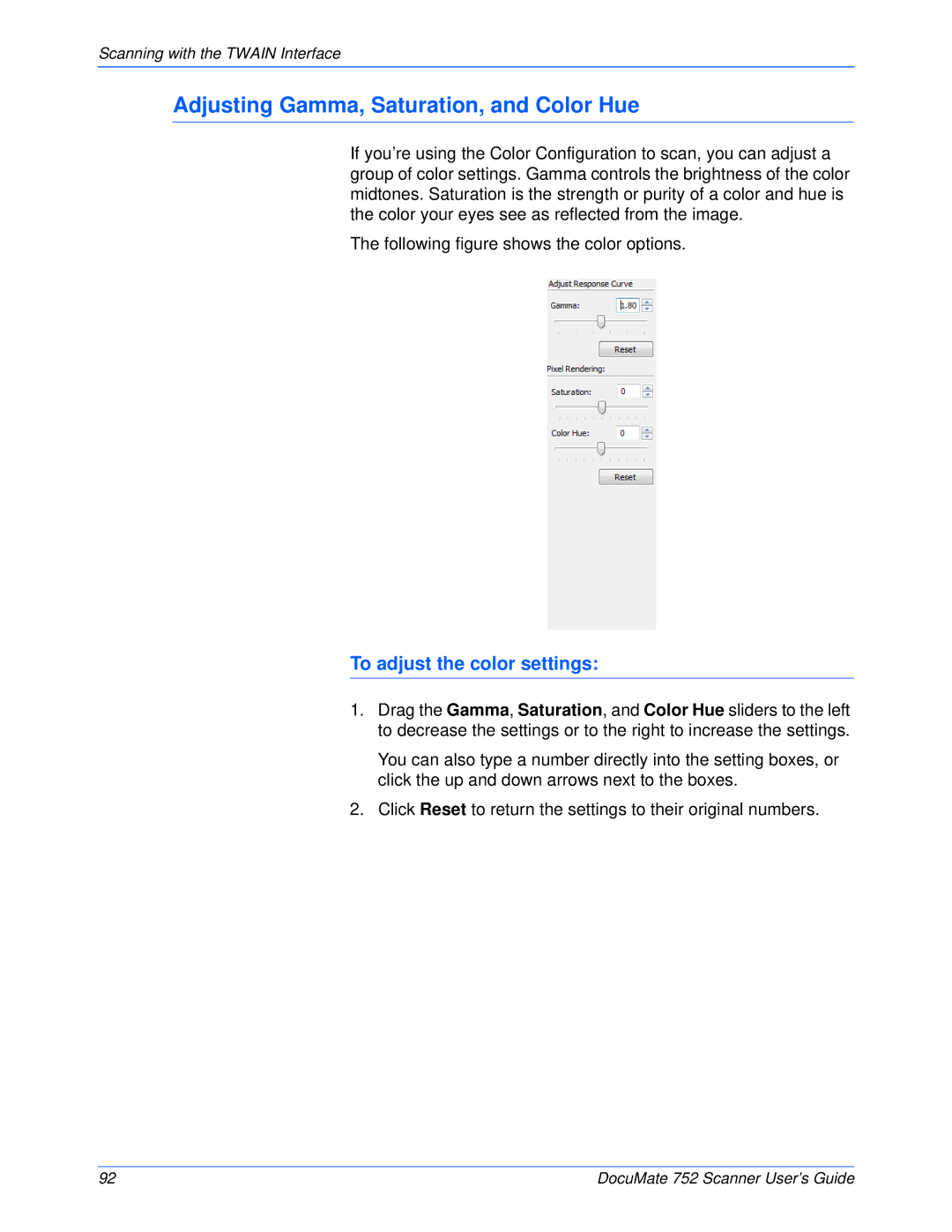 Xerox 752 manual Adjusting Gamma, Saturation, and Color Hue, To adjust the color settings 