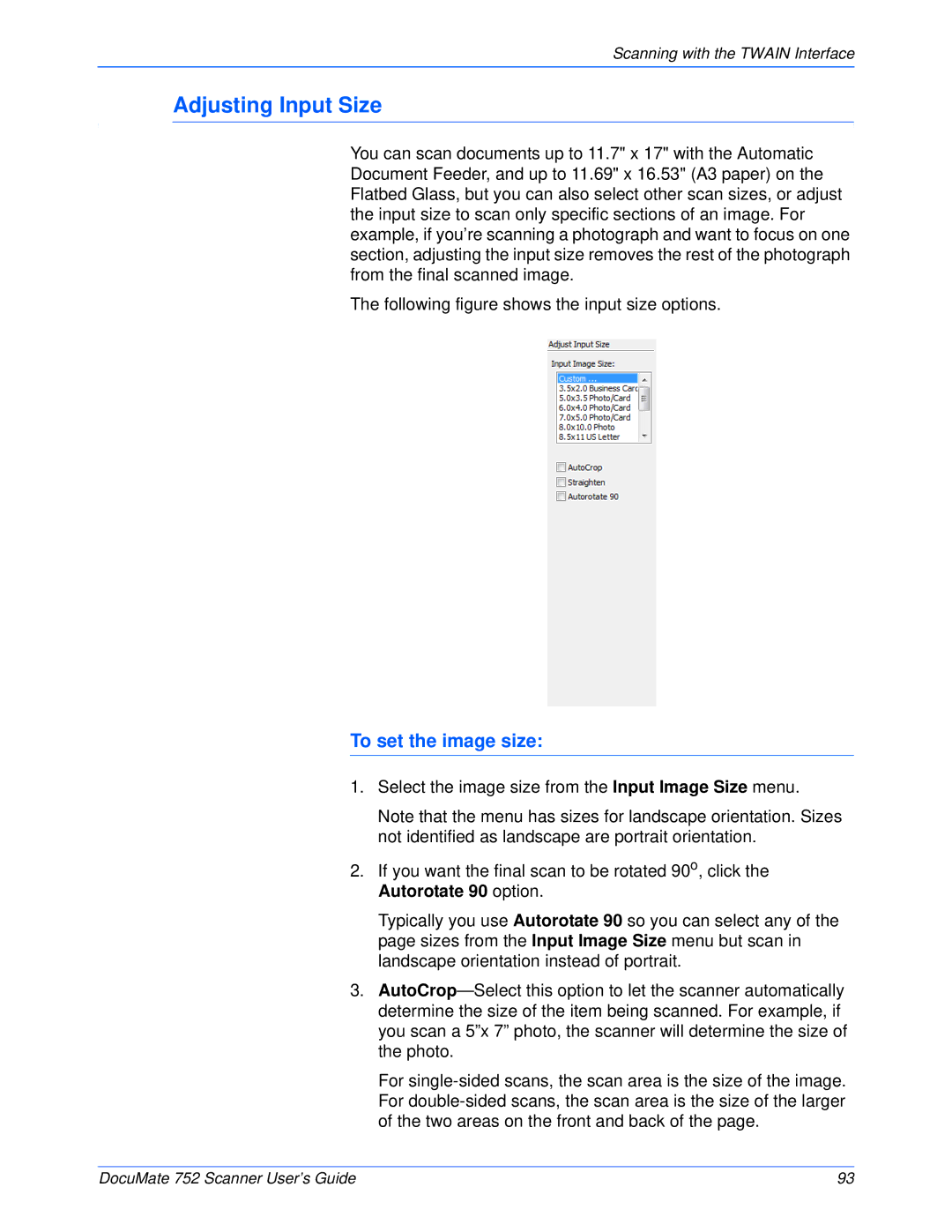 Xerox 752 manual Adjusting Input Size, To set the image size 