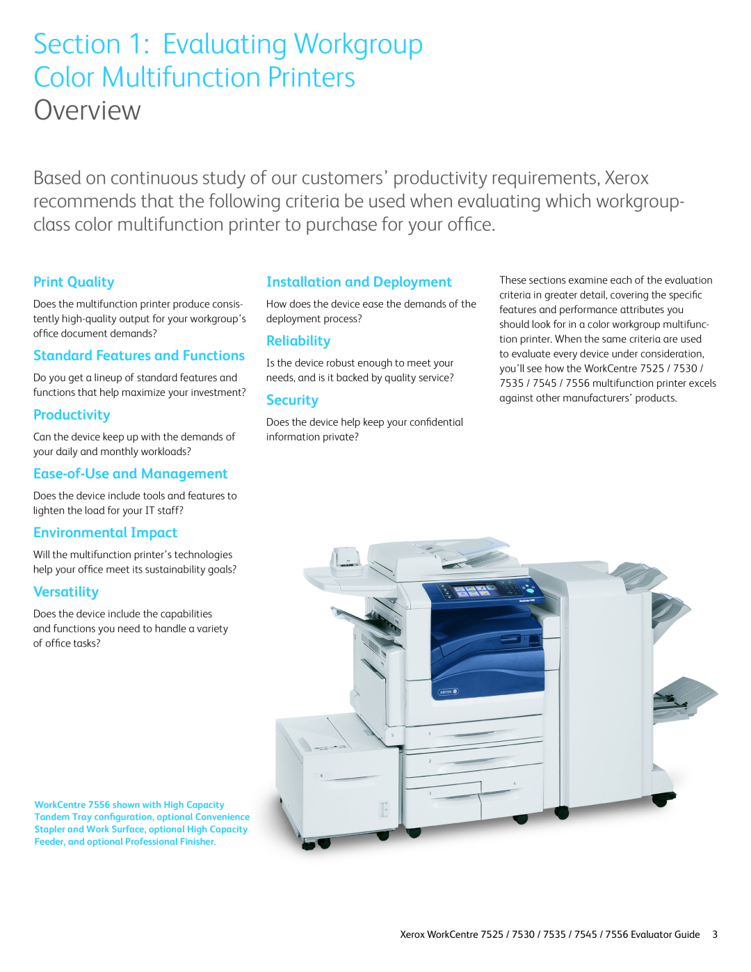 Xerox 7545 Evaluating Workgroup Color Multifunction Printers, Overview, Print Quality, Productivity, Reliability, Security 