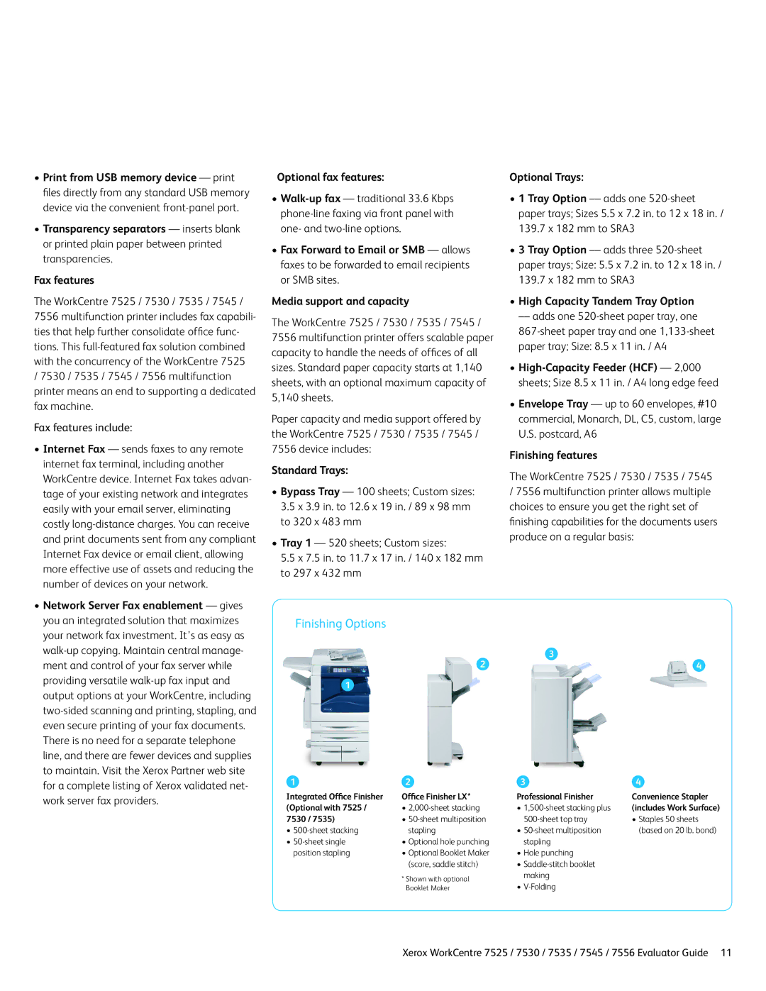 Xerox 7530, 7525, 7535, 7545 Finishing Options, Optional fax features, Standard Trays, Optional Trays, Finishing features 