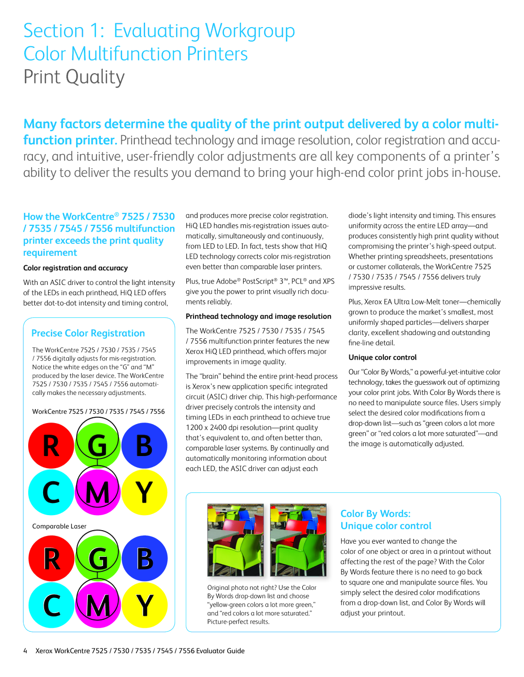Xerox 7556, 7525, 7530, 7535, 7545 manual Print Quality, Precise Color Registration, Color By Words Unique color control 