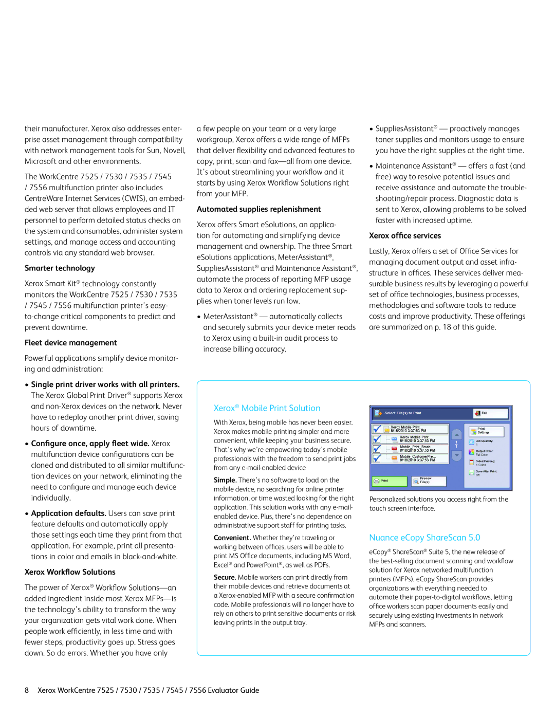 Xerox 7545, 7525, 7530, 7535, 7556 manual Xerox Mobile Print Solution, Nuance eCopy ShareScan 