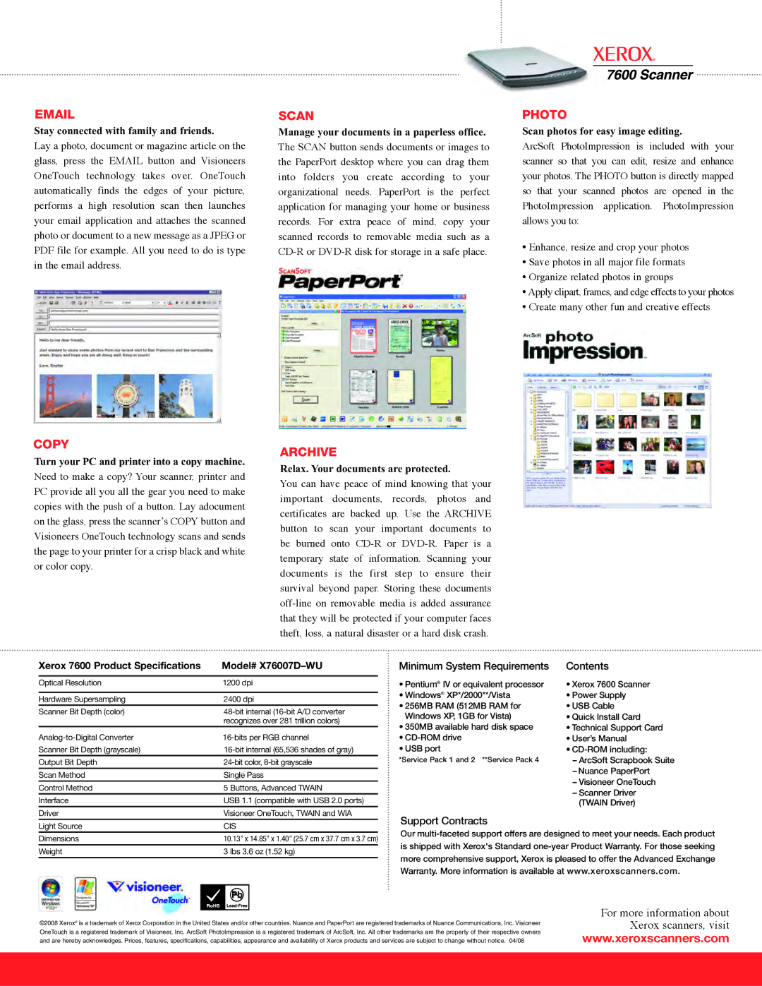 Xerox 7600 manual Scan, Photo, Copy, Archive 