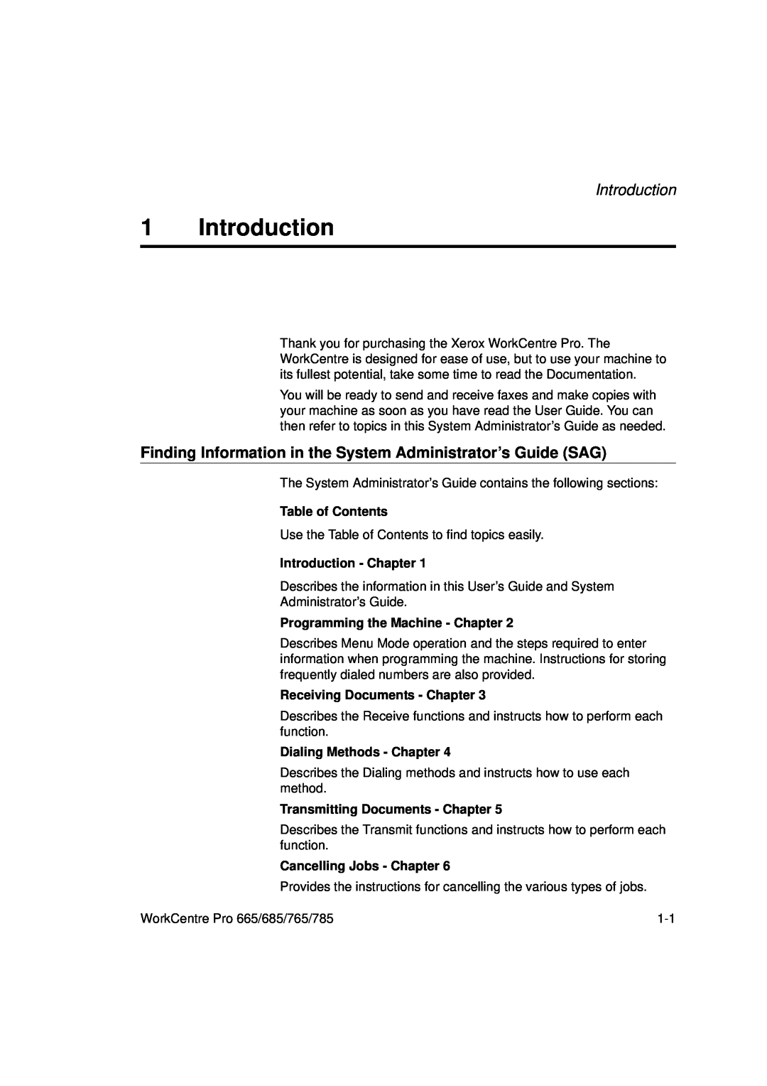 Xerox 785 Table of Contents, Introduction - Chapter, Programming the Machine - Chapter, Receiving Documents - Chapter 