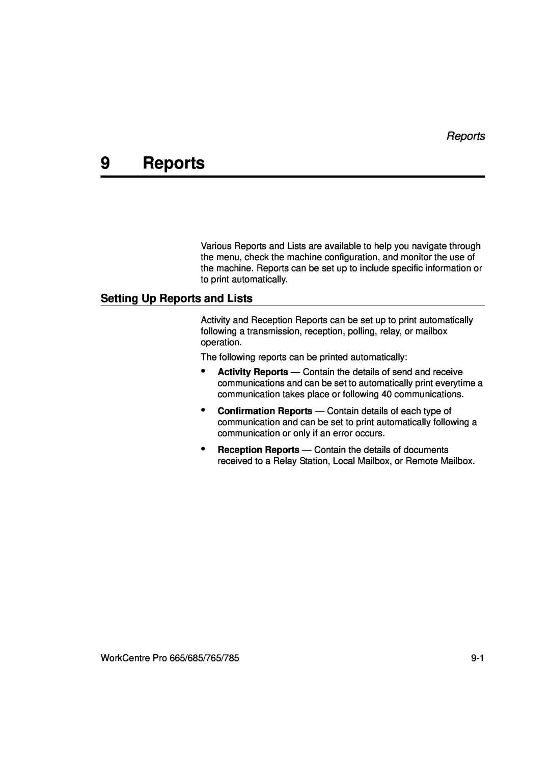 Xerox 785, 765, 665, 685 manual Setting Up Reports and Lists 