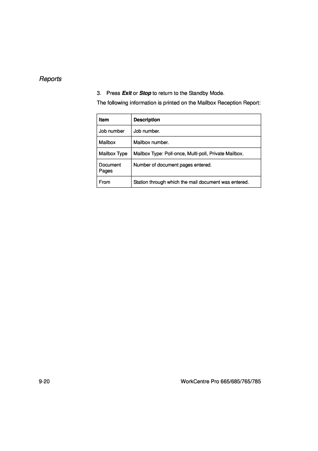 Xerox manual Reports, 9-20, WorkCentre Pro 665/685/765/785, Item, Description 