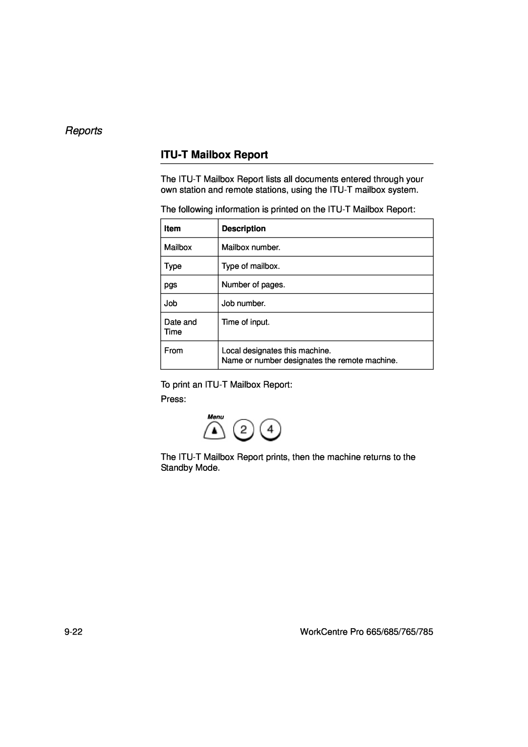 Xerox 765, 665, 685, 785 manual ITU-TMailbox Report, Reports 