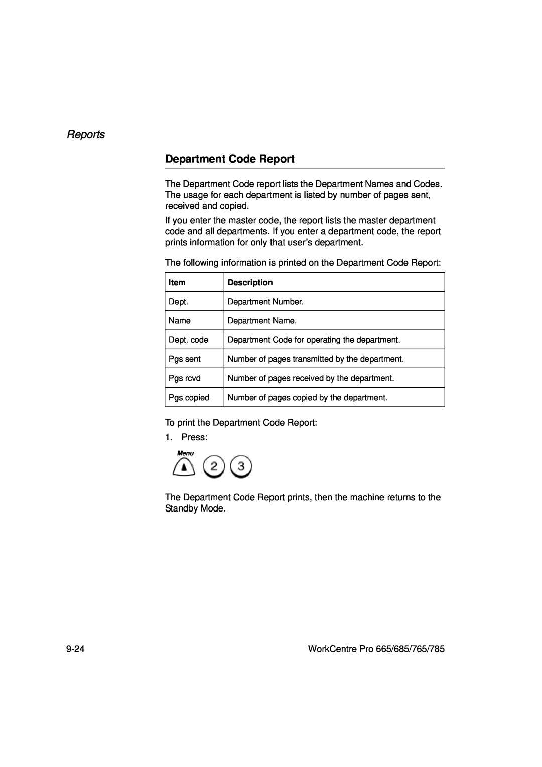 Xerox 685, 765, 665, 785 manual Department Code Report, Reports 