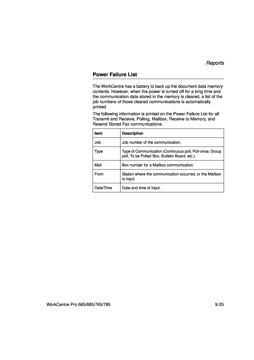 Xerox 785, 765, 665, 685 manual Power Failure List, Reports 