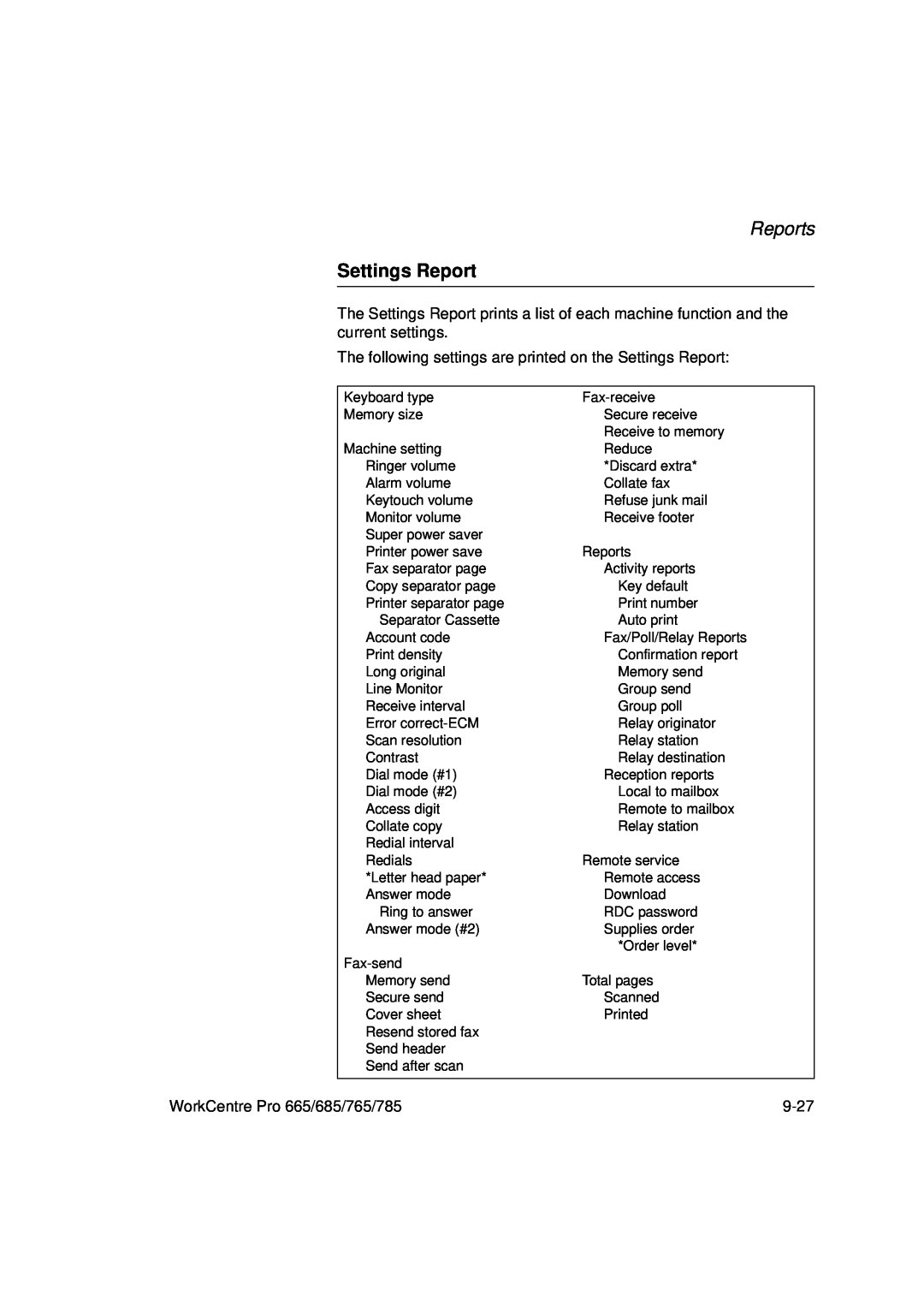 Xerox manual Settings Report, Reports, WorkCentre Pro 665/685/765/785, 9-27 