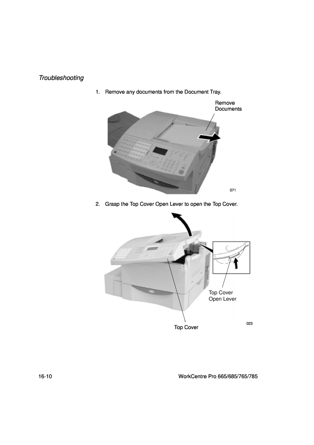 Xerox 685, 765 Troubleshooting, Remove any documents from the Document Tray, Remove Documents, Top Cover Open Lever, 16-10 