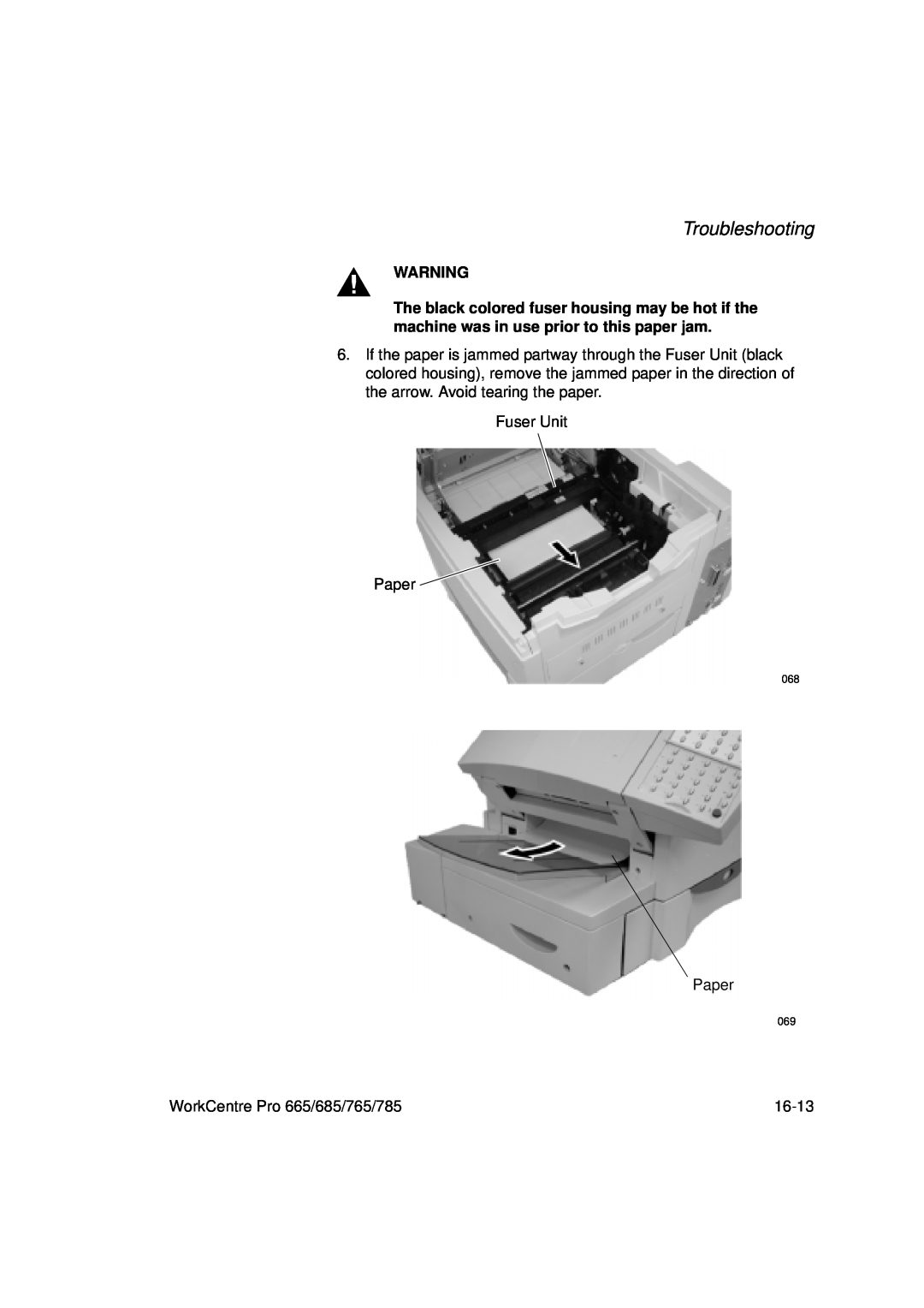 Xerox manual Troubleshooting, Fuser Unit Paper, WorkCentre Pro 665/685/765/785, 16-13 