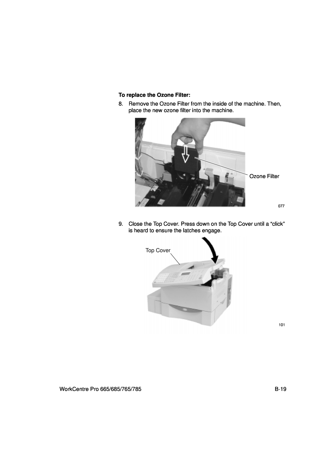 Xerox manual To replace the Ozone Filter, Top Cover, WorkCentre Pro 665/685/765/785, B-19 