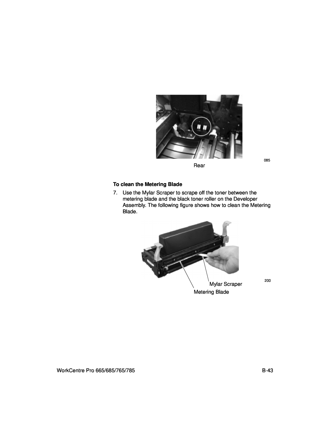 Xerox manual Rear, To clean the Metering Blade, Mylar Scraper Metering Blade, WorkCentre Pro 665/685/765/785, B-43 