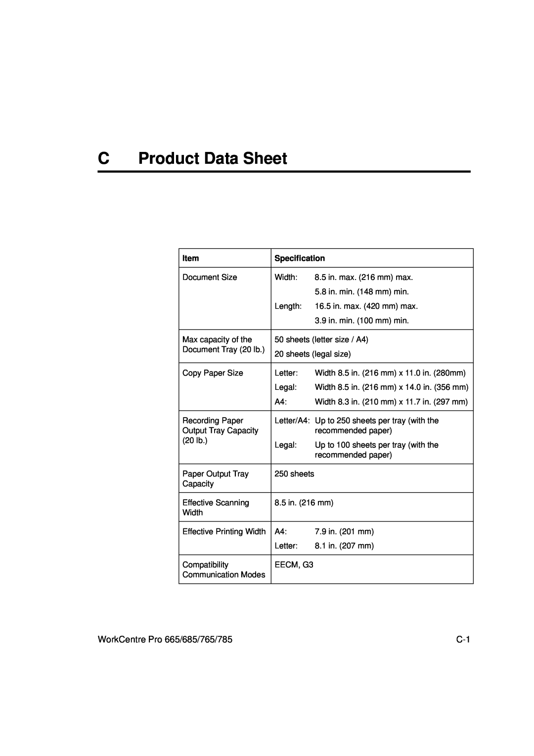 Xerox manual C Product Data Sheet, WorkCentre Pro 665/685/765/785, Item, Specification 