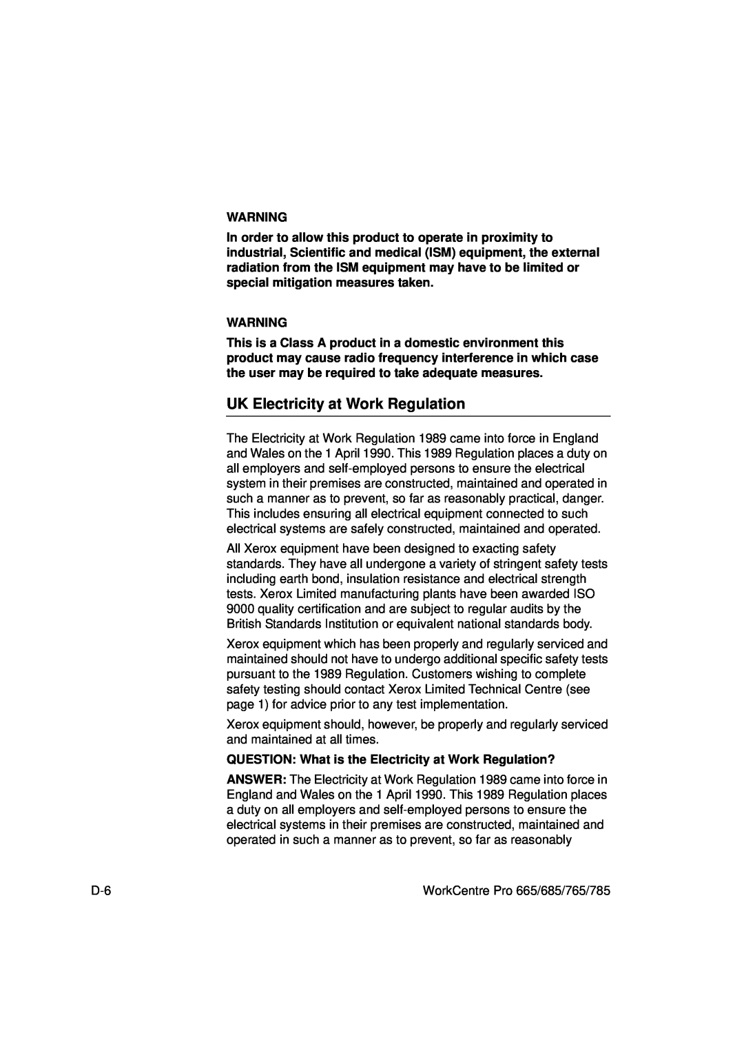 Xerox 685, 765, 665, 785 manual UK Electricity at Work Regulation 