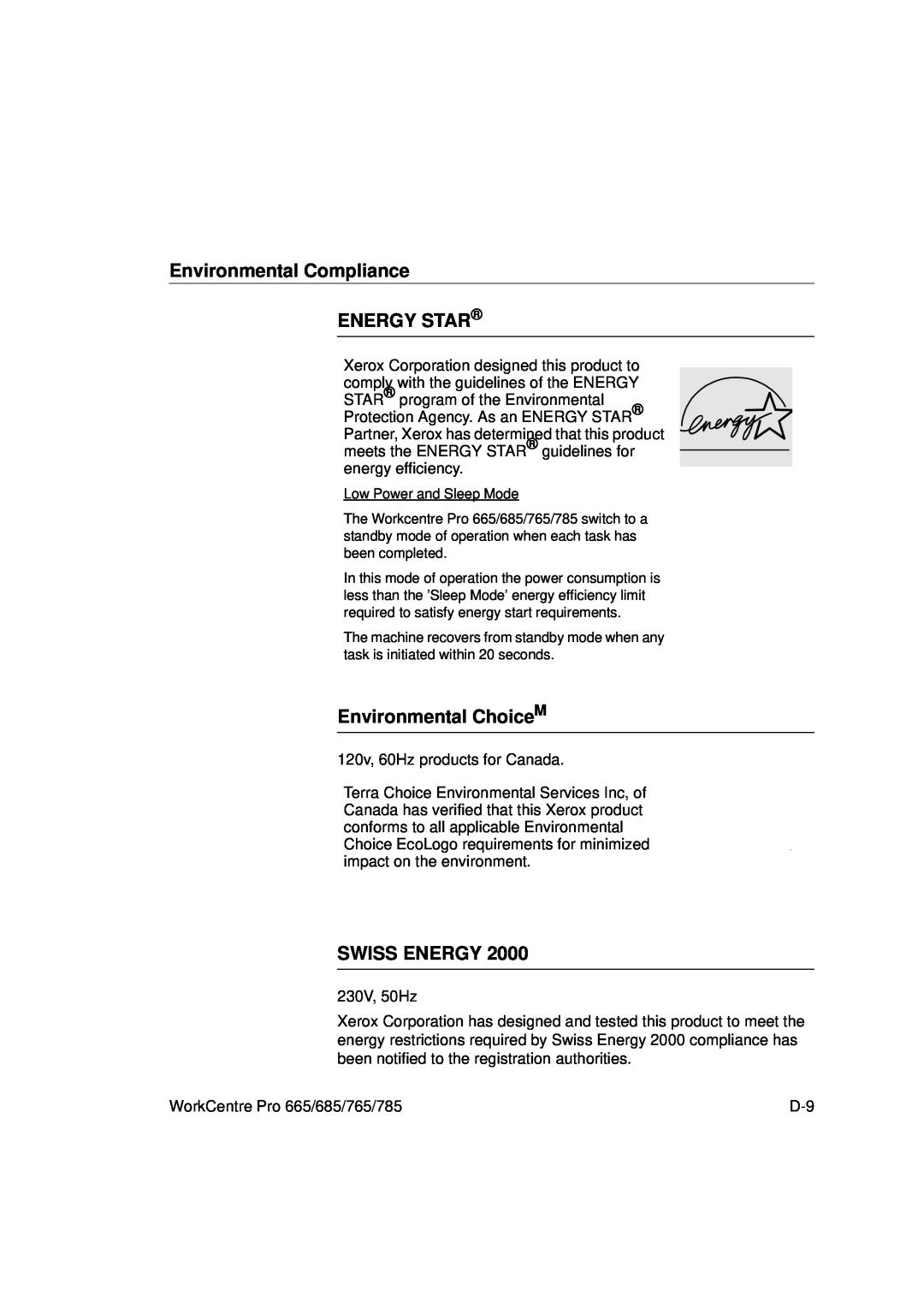 Xerox 665, 765, 685, 785 manual Environmental Compliance, Energy Star, Environmental ChoiceM, Swiss Energy 