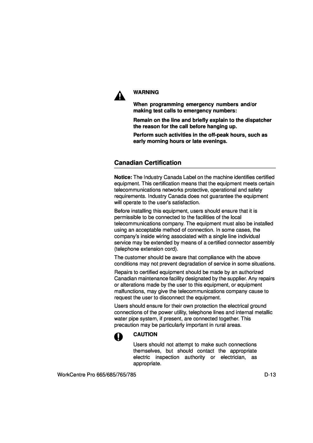 Xerox 665, 765, 685, 785 manual Canadian Certification 
