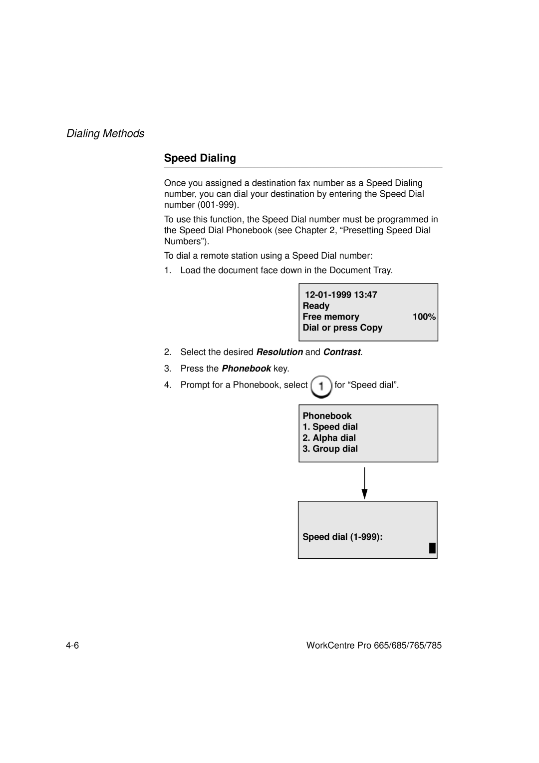 Xerox 685, 765, 665, 785 manual Speed Dialing, Phonebook 1. Speed dial Alpha dial Group dial 