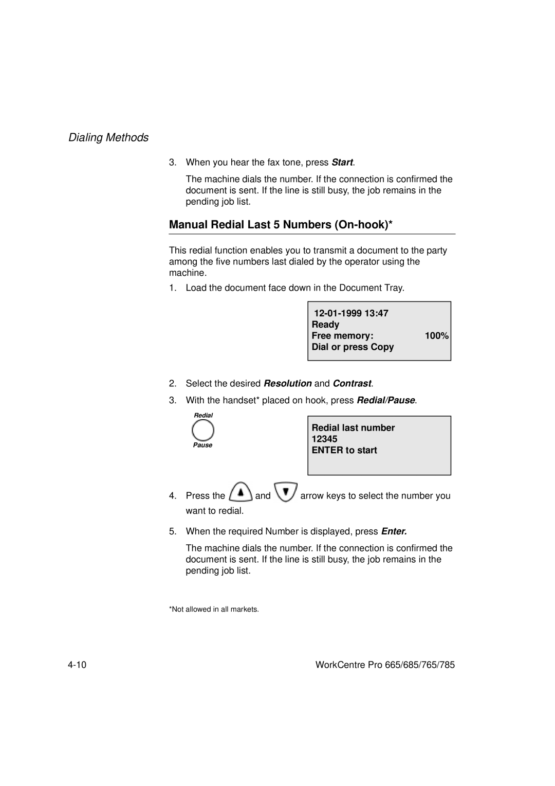 Xerox 685, 765, 665, 785 manual Manual Redial Last 5 Numbers On-hook, Redial last number Enter to start 